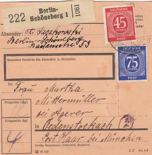 Paketkarte 1947: Berlin-Schöneberg nach Ödenstockach bei München