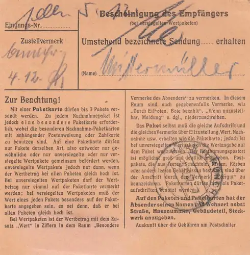 Carte de paquet 1947: Berlin-Schöneberg vers Ödenstockach près de Munich