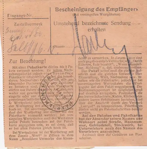 Paketkarte 1947: Bad Tölz nach München-Haar