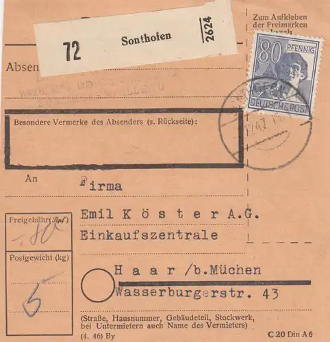 Paketkarte 1947: Sonthofen nach Haar, Einkaufszentrale Köster