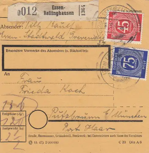 Paketkarte 1948: Essen-Rellinghausen nach Putzbrunn