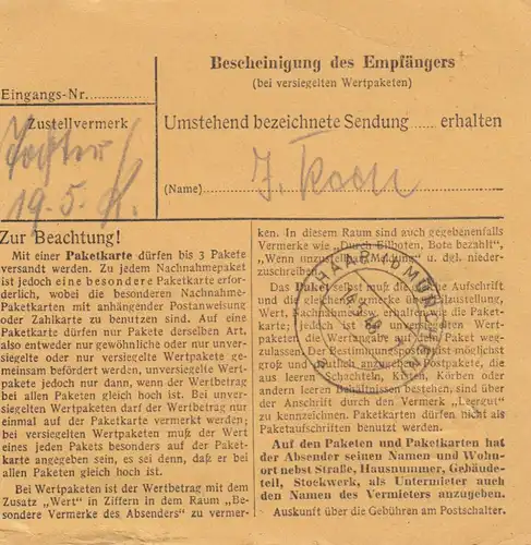 Carte de paquet 1948: Rellinghausen à Putzbrunn