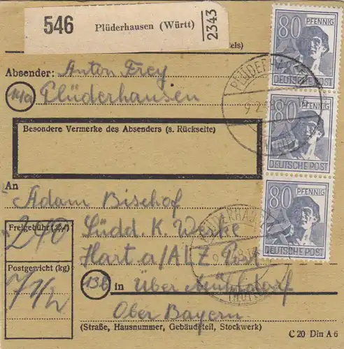 Paketkarte 1948: Plüderhausen nach Hart über Mühldorf