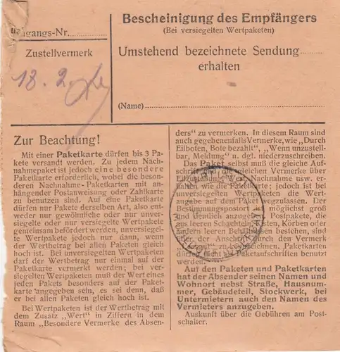 Paketkarte 1948: Füssen nach Mühltal, Mühldorf
