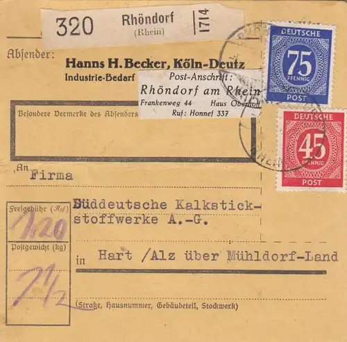 Paketkarte: Rhöndorf nach Hart, Selbstbucher, Kalkstickstoffwerke