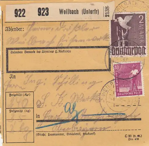 BiZone Paketkarte 1948: Weilbach nach Hart bei Mühldorf