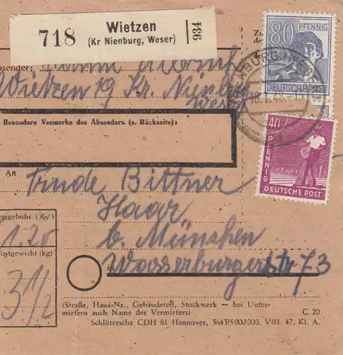 Carte de paquet 1948: Wietzen après Haar bei Munich