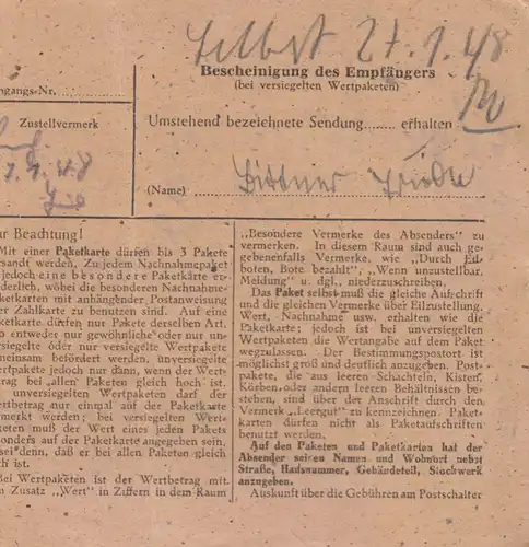 Carte de paquet 1948: Wietzen après Haar bei Munich