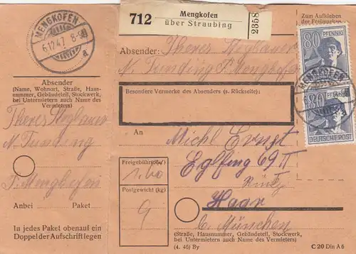 Paketkarte 1947: Mengkofen nach Haar