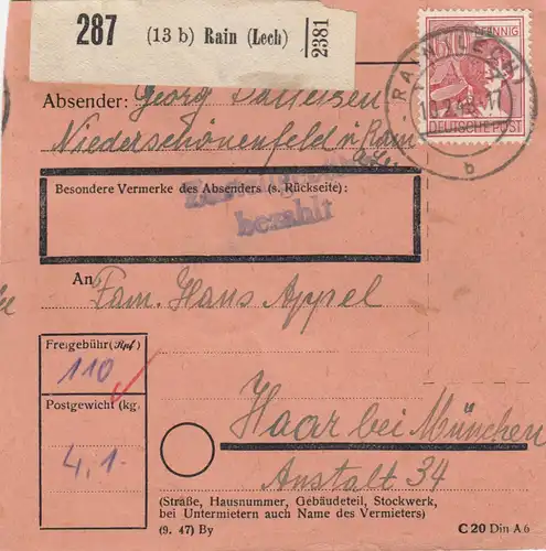 Paketkarte 1948: Rain Lech nach Haar, Anstalt 34