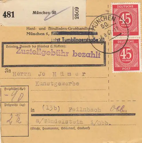 Paketkarte 1947: München 50 nach Feilnbach, Selbstbucher