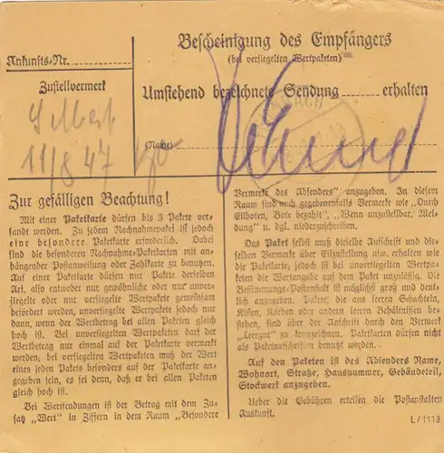 Carte de paquet 1947: Munich 50 vers Feilnbach, Auto-booker