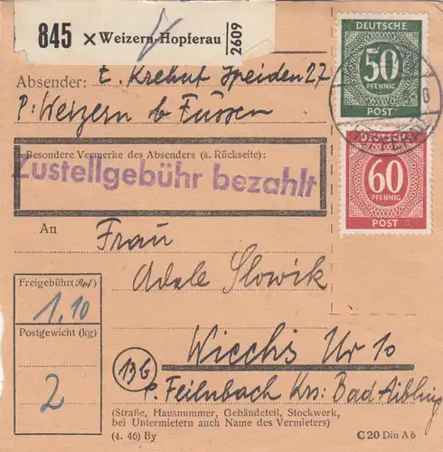 Carte de paquet 1947: Weizern-Hebrettau vers Wiechs, Feilnbach