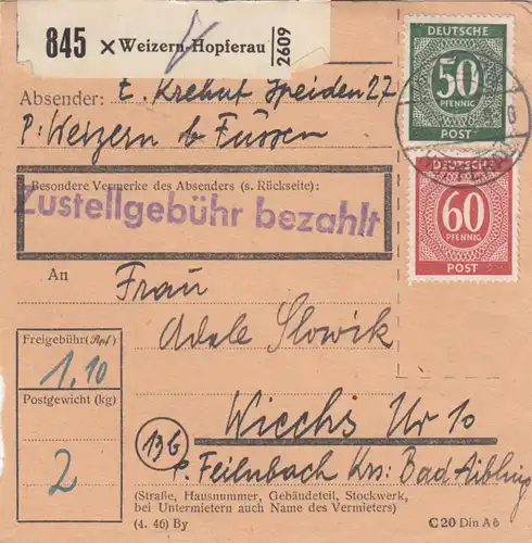 Paketkarte 1947: Weizern-Hopferau nach Wiechs, Feilnbach