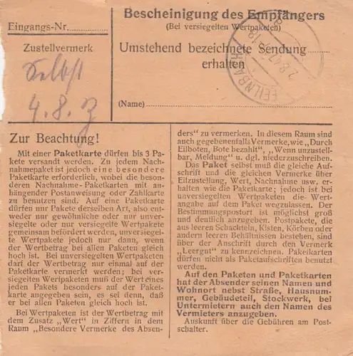 Carte de paquet 1947: Weizern-Hebrettau vers Wiechs, Feilnbach