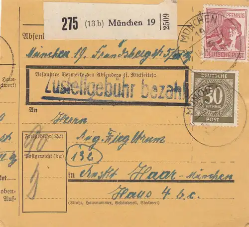Carte de paquet 1948: Munich 19 selon Anstalt Haar-München