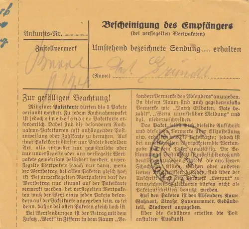 Paketkarte 1948: München 19 nach Anstalt Haar-München