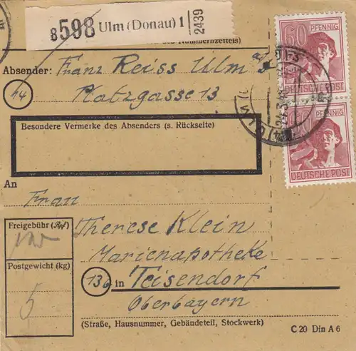 Paketkarte 1948: Ulm nach Teisendorf