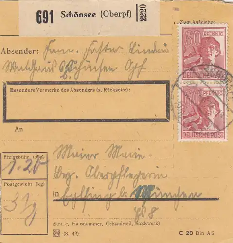 Paketkarte 1948: Schönsee nach Eglfing, Oberpflegerin
