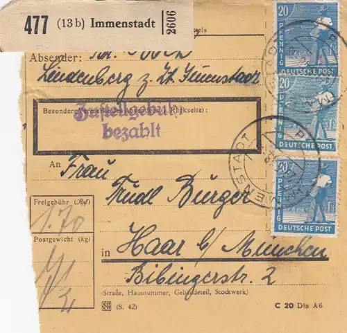 Carte de paquet 1948: Immenstadt après Haar - Munich
