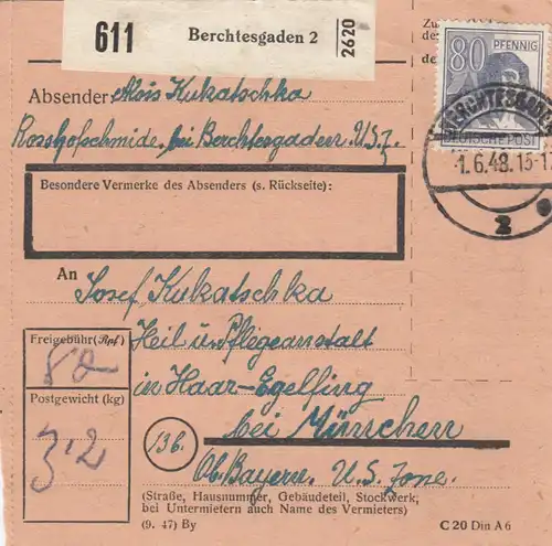 Carte de paquet 1948: Berchtesgaden 2 par cheveux, établissement de soins