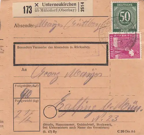 Paketkarte 1948: Unterneukirchen über Mühldorf nach Eglfing