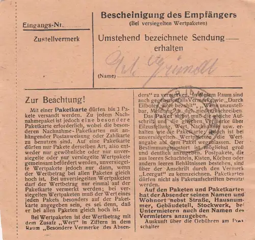 Carte de paquet 1948: Unterneukirchen au-dessus de Mühldorf vers Eglfing