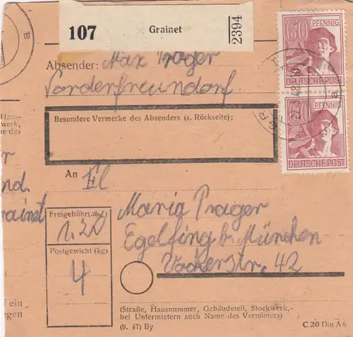 Paketkarte 1948: Vorderfreundorf Grainet nach Eglfing