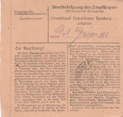 Paketkarte 1948: Vorderfreundorf Grainet nach Eglfing