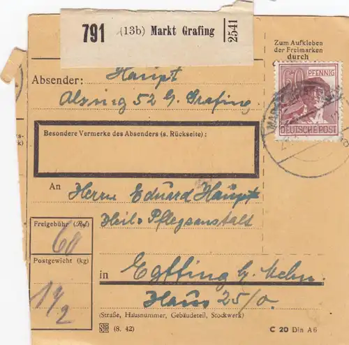 Paketkarte 1948: Alxing Markt Grafing nach Eglfing, Heilanstalt