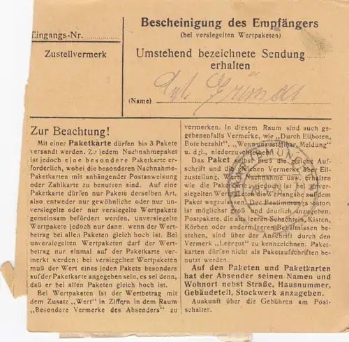 Carte de paquet 1948: Alxing Markt Grafing a Eglfings, Centre de cures