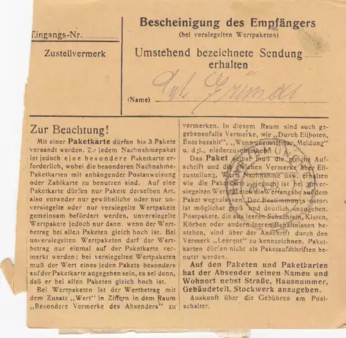 Paketkarte 1948: Alxing Markt Grafing nach Eglfing, Heilanstalt