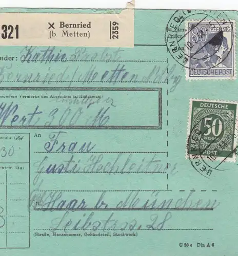 Carte de paquet 1948: Bernried Metten après cheveux, formulaire spécial