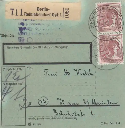 Paketkarte 1948: Berlin-Reinickendorf Ost nach Haar, besonderes Formular