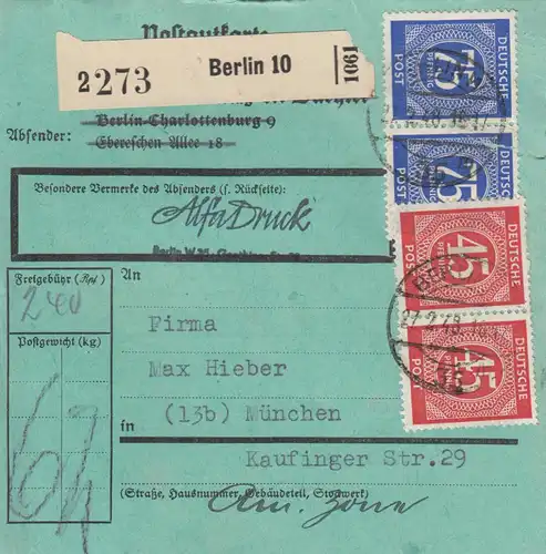 Carte de paquet 1948: Berlin n. Munich, AlfaImprime, bes. Formulaire, Autobook.