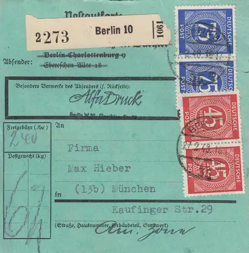 Paketkarte 1948: Berlin n. München, AlfaDruck, bes. Formular, Selbstbuch.