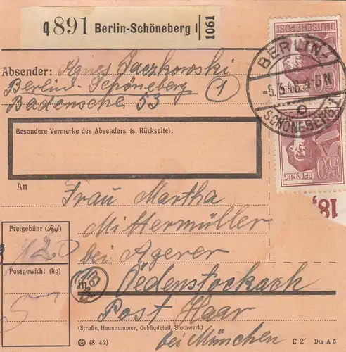 Carte de paquet 1948: Berlin-Schöneberg vers Oedenstockack, Post Haar