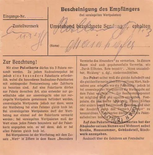 Carte de paquet 1948: Berlin-Schöneberg vers Oedenstockack, Post Haar