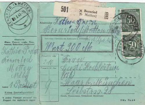 Paketkarte 1948: Bernried nach Haar, Wertkarte, besonderes Formular