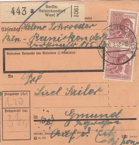 Paketkarte 1948: Berlin-Reinickendorf West 3 nach Gmund