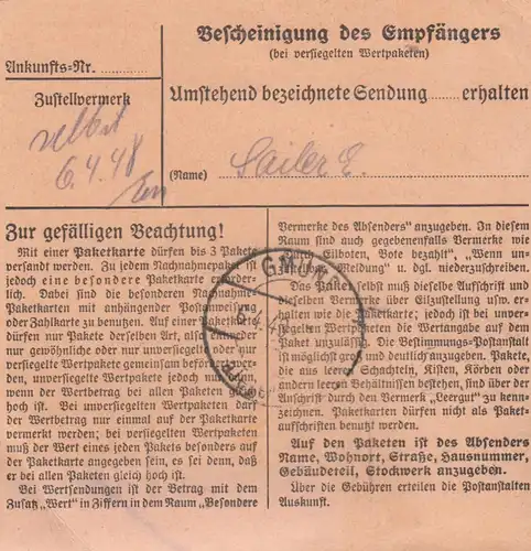 Carte de paquet 1948: Berlin-Reinickendorf West 3 d'après Gmund