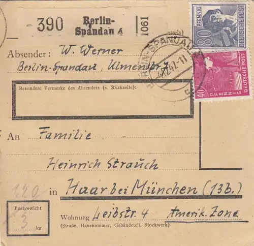 Paketkarte 1947: Berlin-Spandau nach Haar