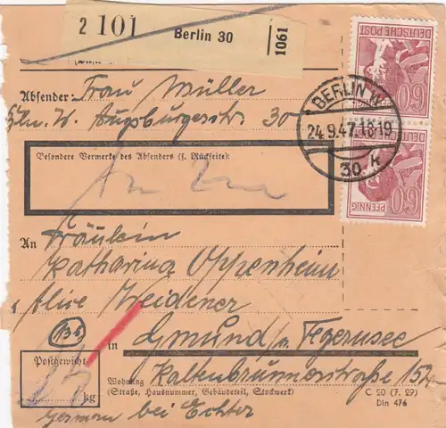 Paketkarte 1947: Berlin nach Gmund am Tegernsee