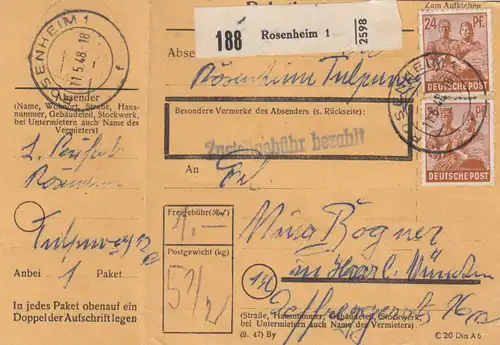 Paketkarte 1948: Rosenheim nach Haar