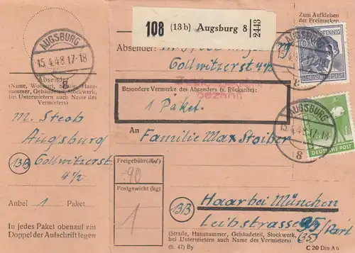Carte de paquet 1948: Augsbourg 8 par cheveux