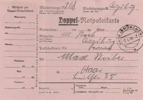 BiZone Paketkarte 1948: Doppel-Notpaketkarte, Augsburg nach Haar