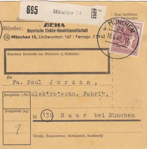 Carte de paquet 1948: Munich, commerce électrique par cheveux, auto-réservation