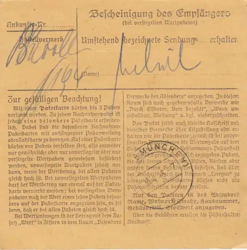 Carte de paquet 1948: Munich, commerce électrique par cheveux, auto-réservation