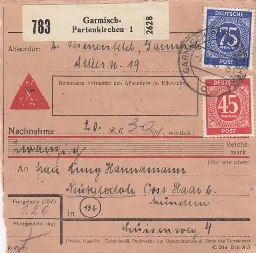 Carte de paquet 1948: Garmisch-Patenkirchen vers Neukeferloh, Acceptation