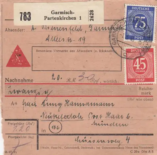 Paketkarte 1948: Garmisch-Patenkirchen nach Neukeferloh, Nachnahme